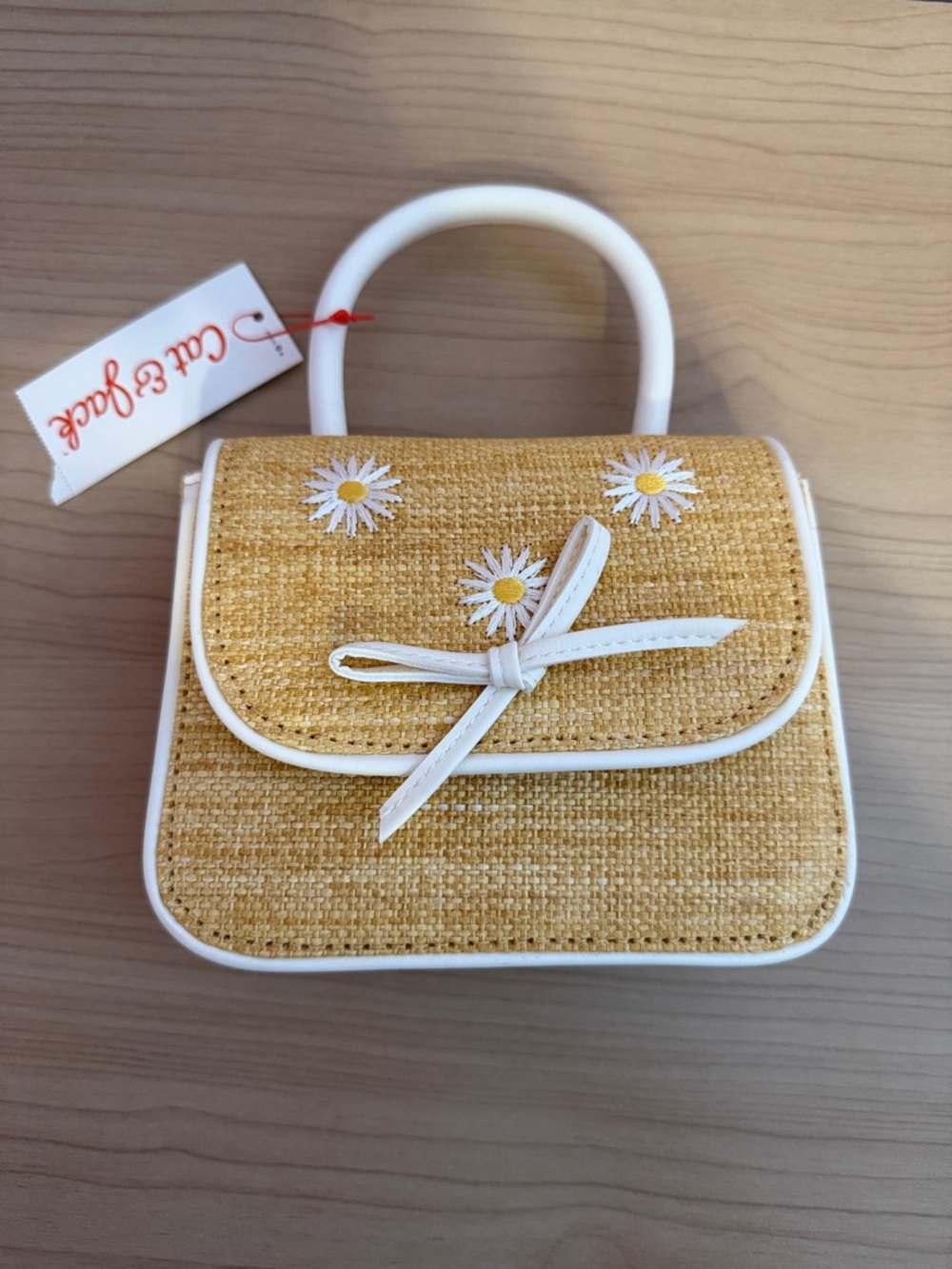 Cat & Jack Yellow Straw Mini Top-Handle Bag with White Trim and Daisy Embroidery